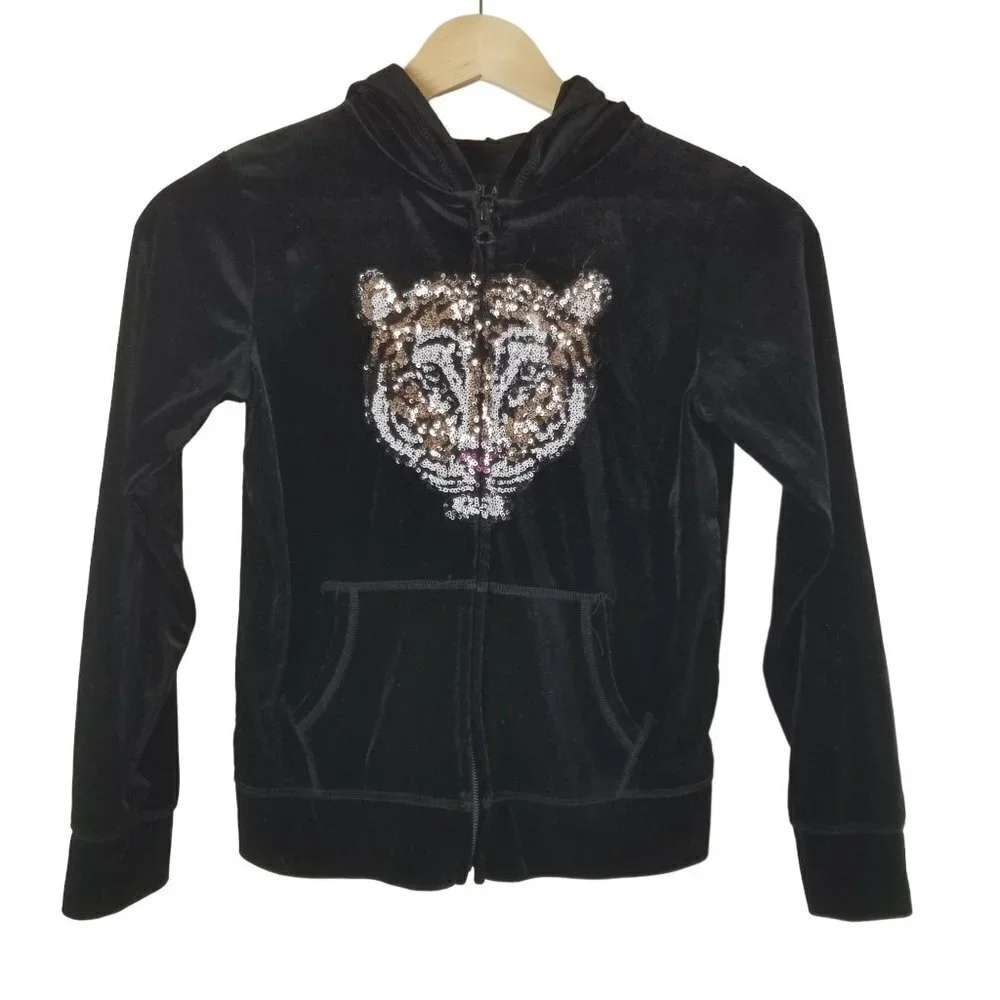 CHILDRENS Place Jacket Girls Medium 7-8 Black Velour‎ Sequin Tiger Full Zip Hood